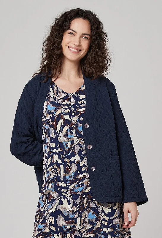 Mila Jacquard Quilt Effect Jacket - Navy Satin Fabric Silk Fabric Chiffon Fabric