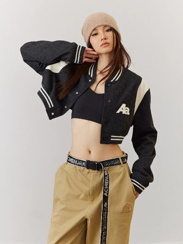 ACMEAURA Cropped Varsity Jacket Tailored Jacket Straight Jacket A-Line Jacket