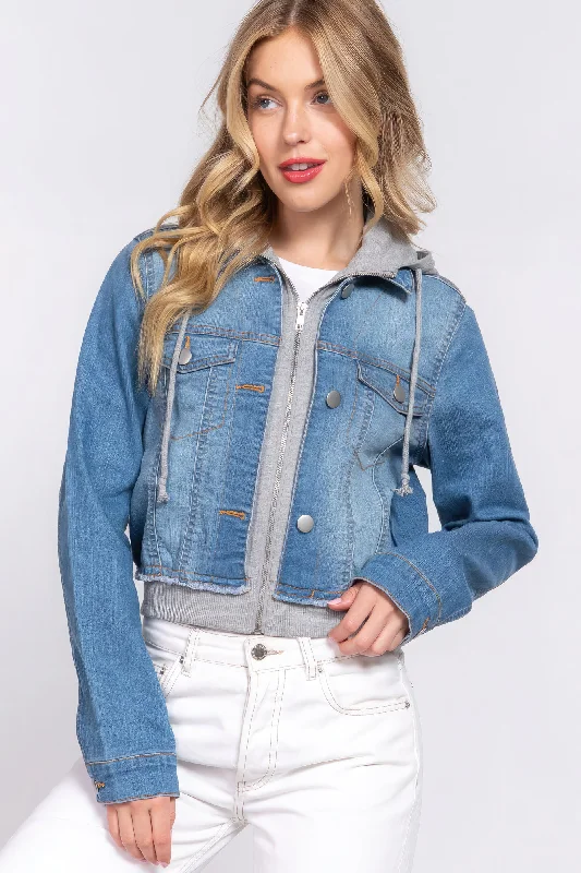 Long Slv Terry Hoodie Denim Jacket One-Shoulder Jacket Off-the-Shoulder Jacket Asymmetrical Jacket