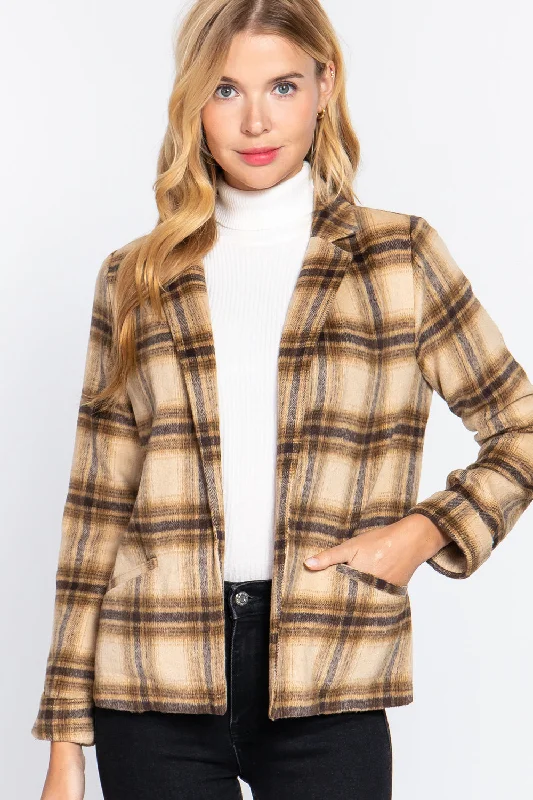 Notched Collar Plaid Jacket Satin Jacket Silk Jacket Chiffon Jacket