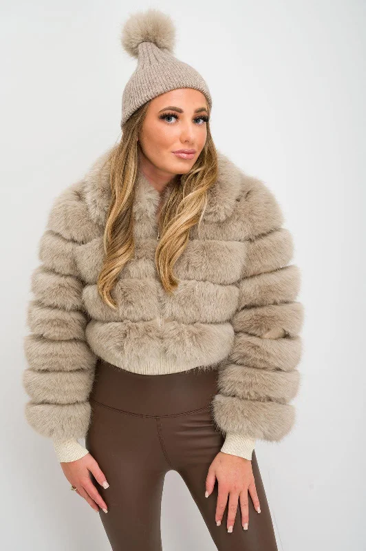 Beige Collared Cropped Premium Faux Fur Jacket Elasticated Jacket Padded Jacket Insulated Jacket Beige Collared Cropped Premium Faux Fur Jacket Elasticated Jacket Padded Jacket Insulated Jacket