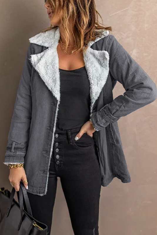 Button-Front Denim Jacket with Sherpa Collar Welt Pockets Slit Pockets Flap Pockets Button-Front Denim Jacket with Sherpa Collar Welt Pockets Slit Pockets Flap Pockets