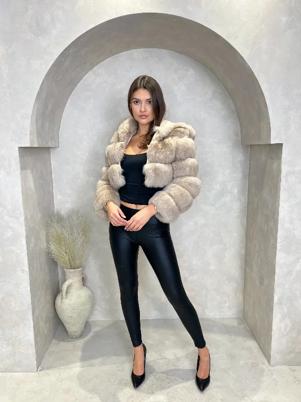 Dark Beige Luxury Fur Hooded Jacket One-Shoulder Jacket Off-the-Shoulder Jacket Asymmetrical Jacket Dark Beige Luxury Fur Hooded Jacket One-Shoulder Jacket Off-the-Shoulder Jacket Asymmetrical Jacket