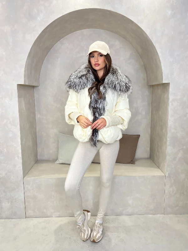 Cream Luxury Fur Trim Jacket Insulated Jacket Fitted Jacket Loose Jacket