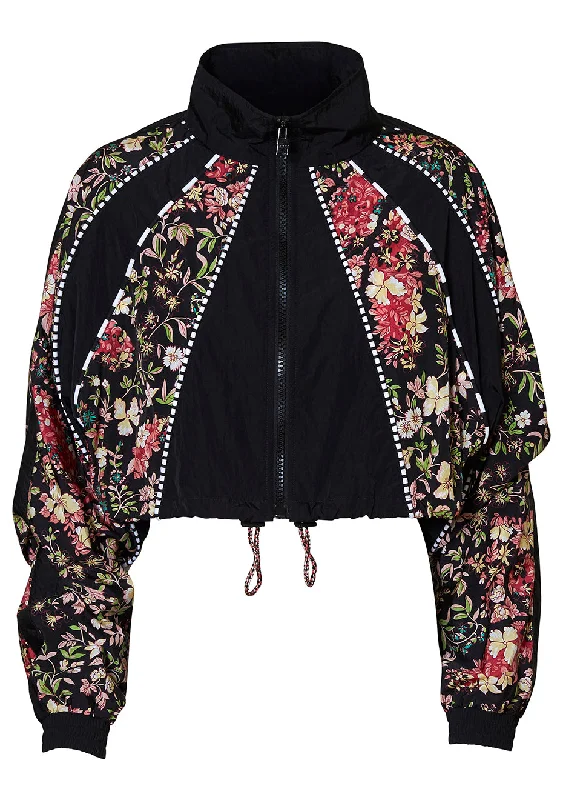 Cropped Floral Quilted Jacket Zip Front Button Front Snap Front