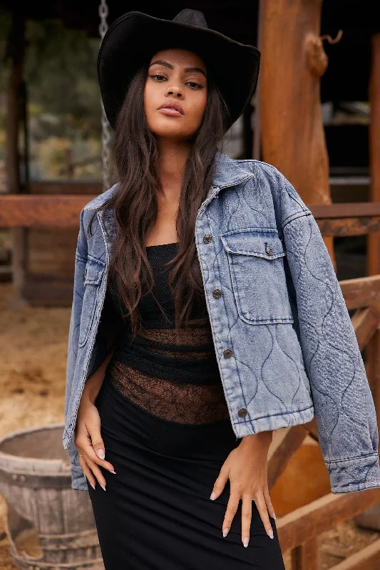 Emersyn Light Wash Quilted Denim Jacket Ribbed Jacket Pleated Jacket Ruffled Jacket Emersyn Light Wash Quilted Denim Jacket Ribbed Jacket Pleated Jacket Ruffled Jacket