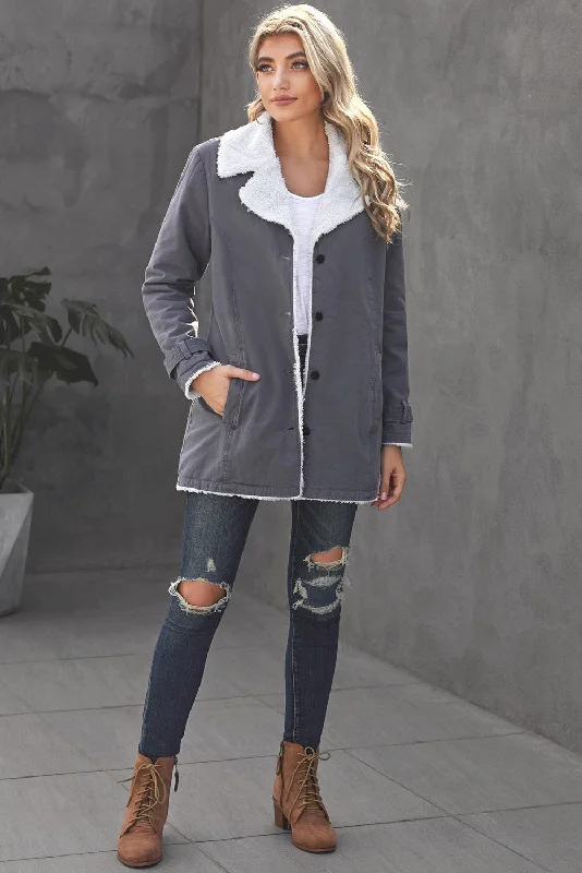 Grey Denim Jacket with Fuzzy Interior Toggled Jacket Drawstring Jacket Belted Jacket Grey Denim Jacket with Fuzzy Interior Toggled Jacket Drawstring Jacket Belted Jacket