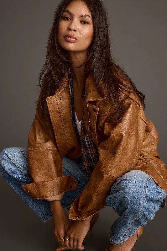 London Calling Cognac Oversized Faux Leather Jacket Front Pockets Side Pockets Patch Pockets London Calling Cognac Oversized Faux Leather Jacket Front Pockets Side Pockets Patch Pockets
