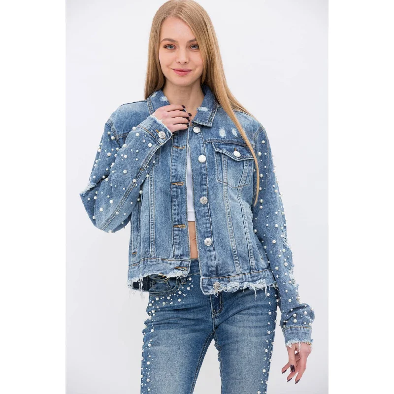 Pearl Embellished Denim Jacket Hooded Jacket Caped Jacket Shawl Collar Jacket