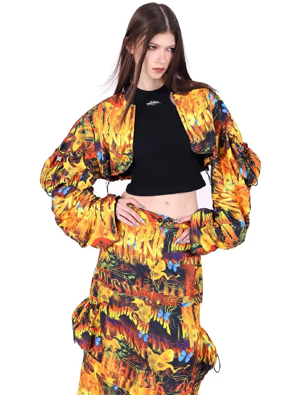 PINKSPINK Flame Graffiti Cropped Bomber Jacket - Multi-color Satin Jacket Silk Jacket Chiffon Jacket