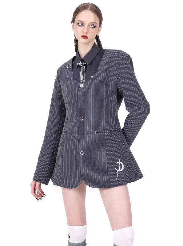 PINKSPINK Gothic Pinstripe Peplum Jacket - Charcoal Gray Anorak Shell Jacket Lightweight Jacket