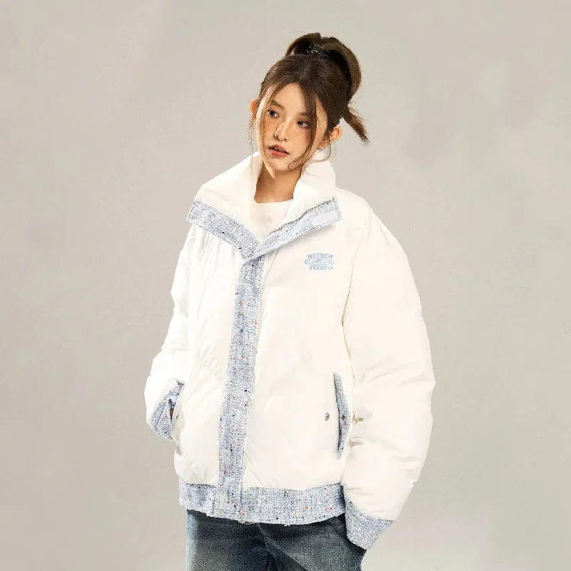 Puffer Jacket With Patterned Outline Block Boat Neck Shawl Collar Notched Collar