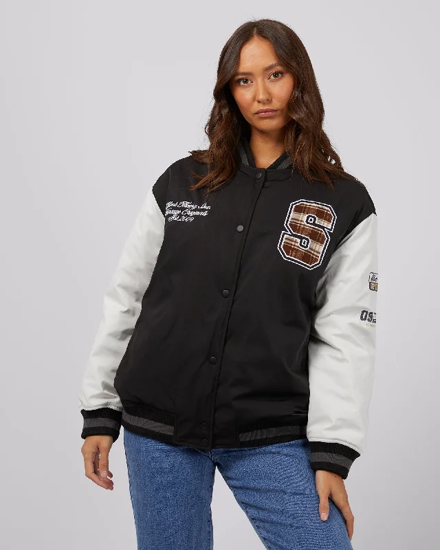 Silent Theory Varsity Jacket Black Front Pockets Side Pockets Patch Pockets