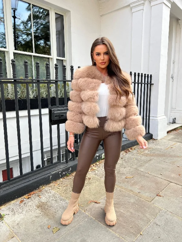 Tan Luxury Fur 5 Row Cropped Sleeve Jacket Striped Jacket Polka Dot Jacket Floral Jacket Tan Luxury Fur 5 Row Cropped Sleeve Jacket Striped Jacket Polka Dot Jacket Floral Jacket