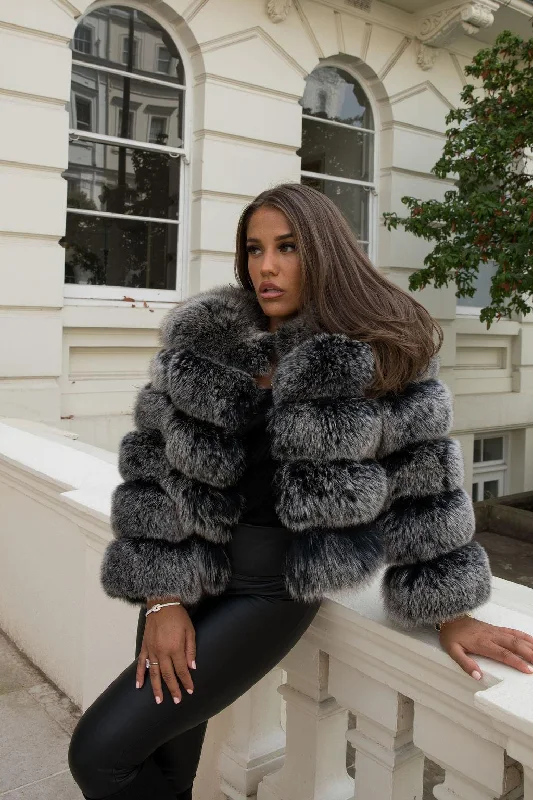 Two Tone Grey Luxury Fur 5 Row Cropped Sleeve Jacket Hooded Jacket Caped Jacket Shawl Collar Jacket Two Tone Grey Luxury Fur 5 Row Cropped Sleeve Jacket Hooded Jacket Caped Jacket Shawl Collar Jacket