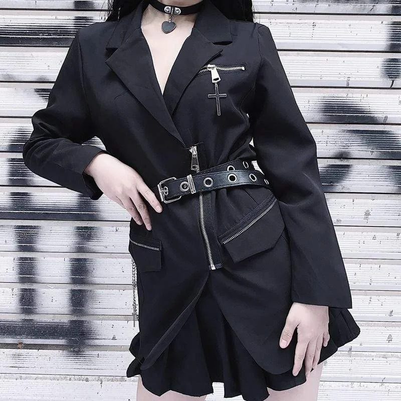 Women's Gothic Solid Color Cross Zipper Jackets With Chain Belt Herringbone Jacket Checkered Jacket Solid Jacket Women's Gothic Solid Color Cross Zipper Jackets With Chain Belt Herringbone Jacket Checkered Jacket Solid Jacket