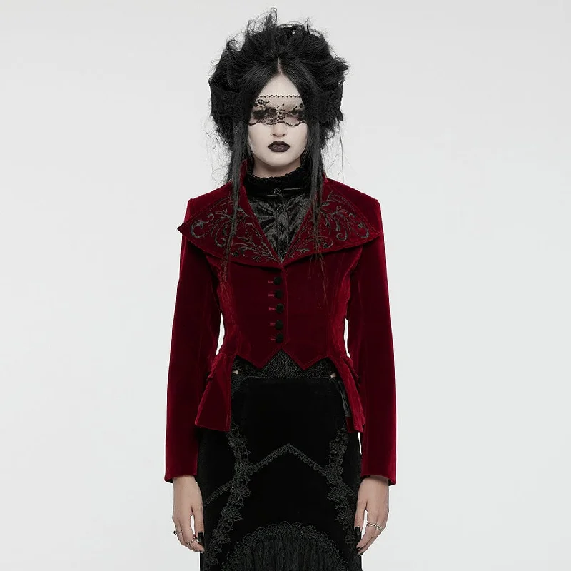 Women's Gothic Turn-down Collar Swallow-tailed Velvet Jacket Red Zip Front Button Front Snap Front Women's Gothic Turn-down Collar Swallow-tailed Velvet Jacket Red Zip Front Button Front Snap Front