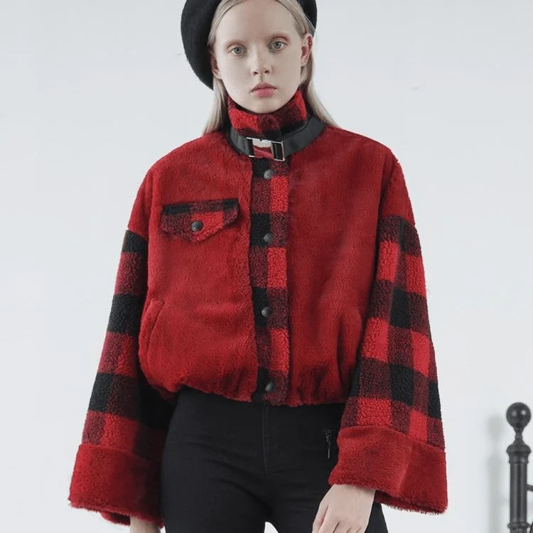 Women's High Neck Trumpet Sleeved Plaid Pola Fleece Jackets With Neck Strap Stand-Up Collar Roll-Neck Collar Turtle Neck Women's High Neck Trumpet Sleeved Plaid Pola Fleece Jackets With Neck Strap Stand-Up Collar Roll-Neck Collar Turtle Neck