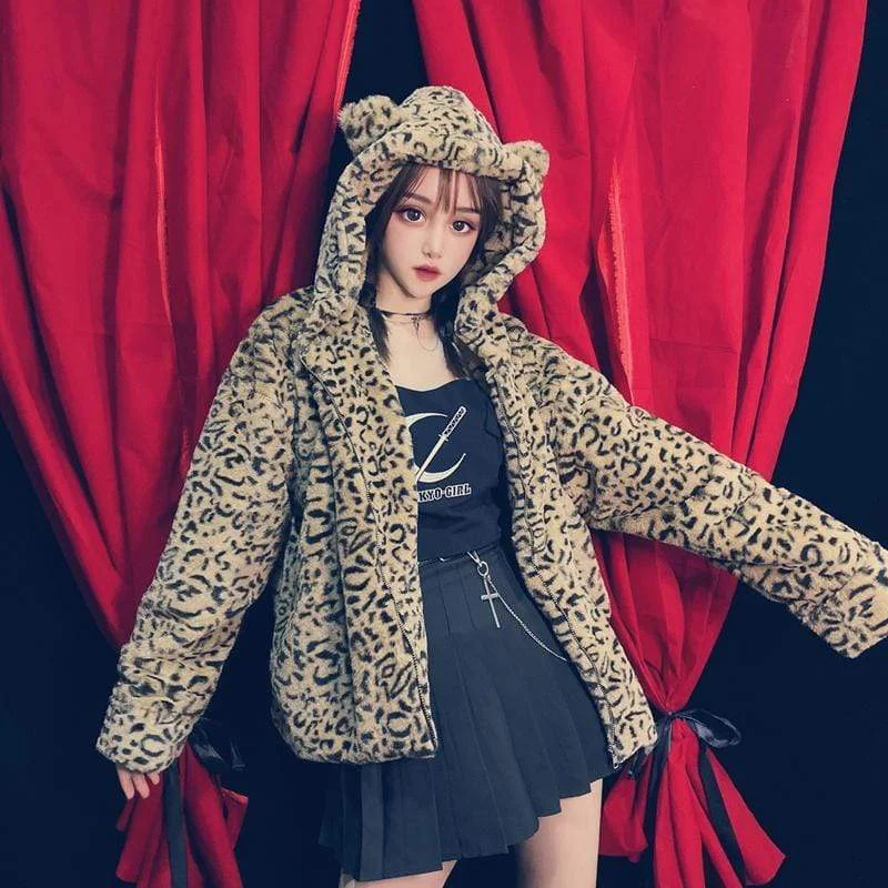 Women's Leopard Printed Zipper-fly Furry Jackets With Ears Fitted Jacket Loose Jacket Oversized Jacket Women's Leopard Printed Zipper-fly Furry Jackets With Ears Fitted Jacket Loose Jacket Oversized Jacket