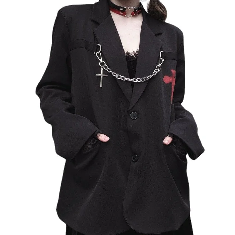 Women's Punk Cross Printed Suit Jacket with Chain Knit Fabric Woven Fabric Fleece Fabric Women's Punk Cross Printed Suit Jacket with Chain Knit Fabric Woven Fabric Fleece Fabric