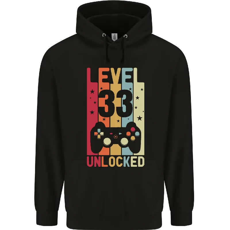 33rd Birthday 33 Year Old Level Up Gaming Mens 80% Cotton Hoodie Hoodie with Hem Raw Edge Edgy Unfinished