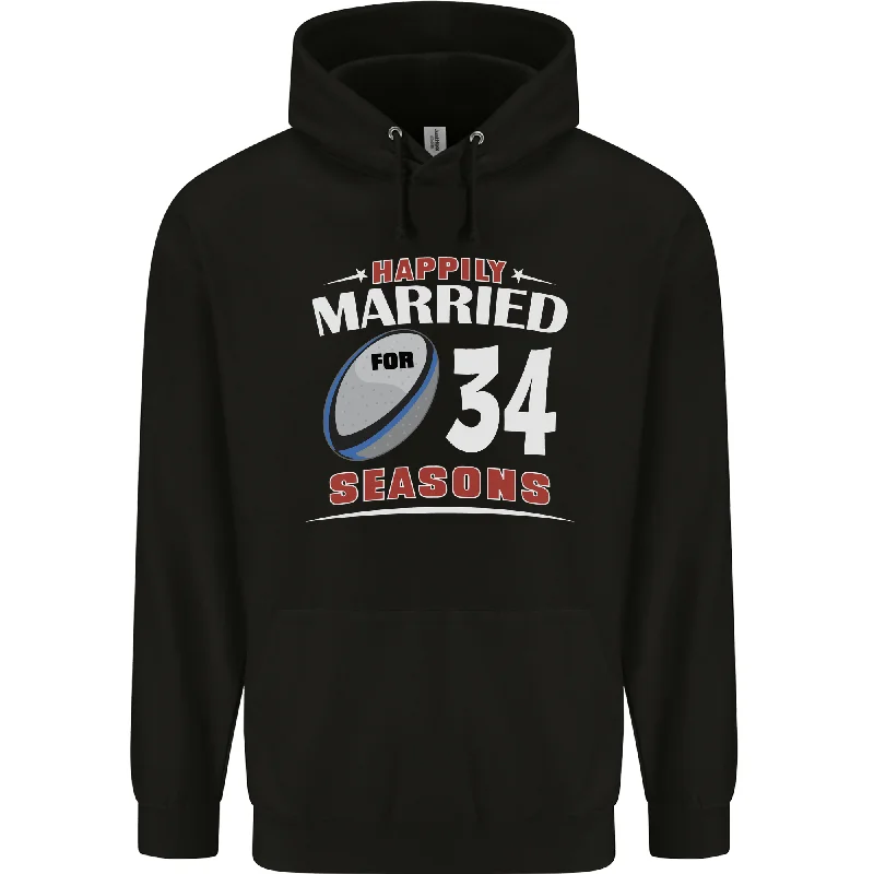 34 Year Wedding Anniversary 34th Rugby Mens 80% Cotton Hoodie Hoodie with Hidden Zipper Minimalist Clean