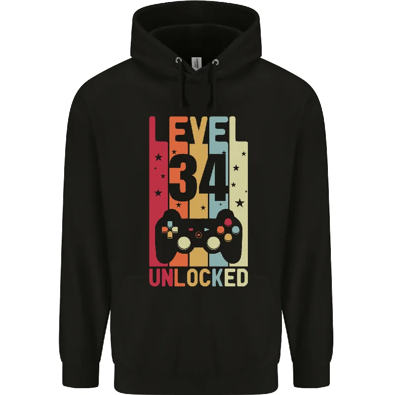 34th Birthday 34 Year Old Level Up Gaming Mens 80% Cotton Hoodie Hoodie with Hem Patch Decorative Personalized