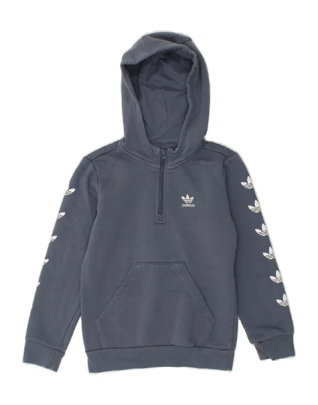 ADIDAS Boys Graphic Hoodie Jumper 7-8 Years Blue Cotton Hoodie with Crew Neck Simple Timeless