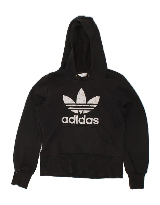 ADIDAS Womens Graphic Hoodie Jumper EU 38 Medium Black Cotton Hoodie with Sequins Glamorous Eye-catching