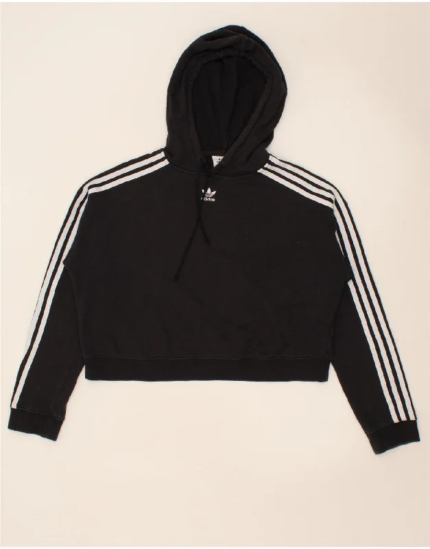 ADIDAS Womens Oversized Crop Hoodie Jumper UK 12 Medium  Black Cotton Hooded Sweatshirt Casual Wear Street Style