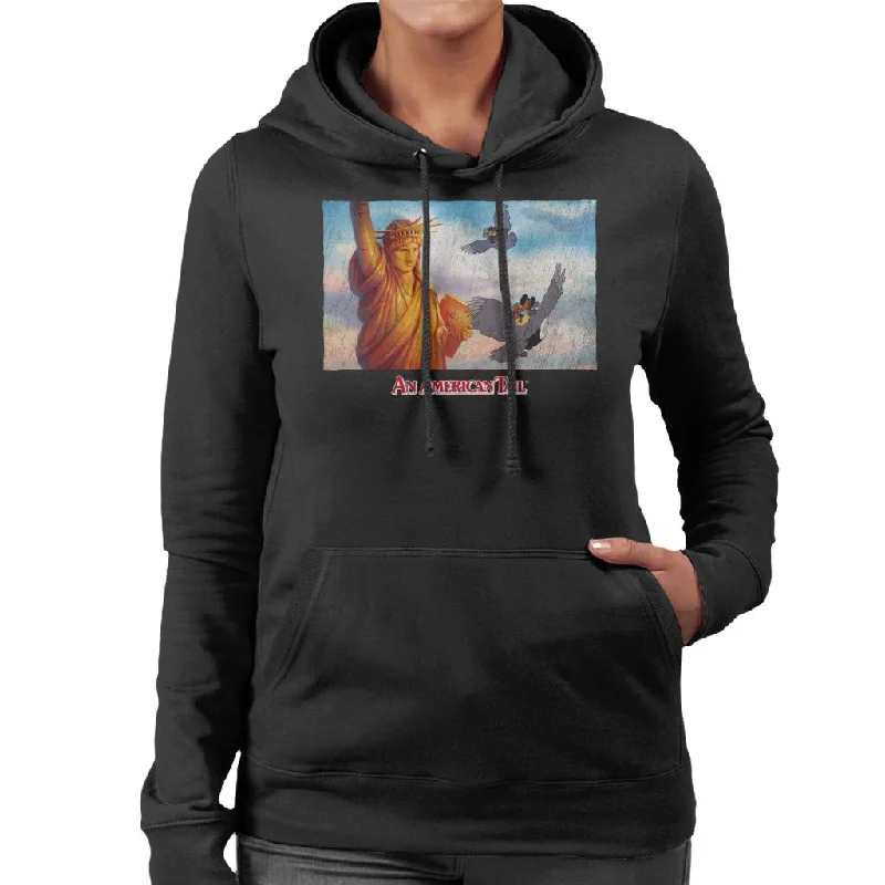 An American Tail Flying Henri Le Pigeon Near Statue Of Liberty Women's Hooded Sweatshirt Hoodie with Hem Fringe Bohemian Relaxed