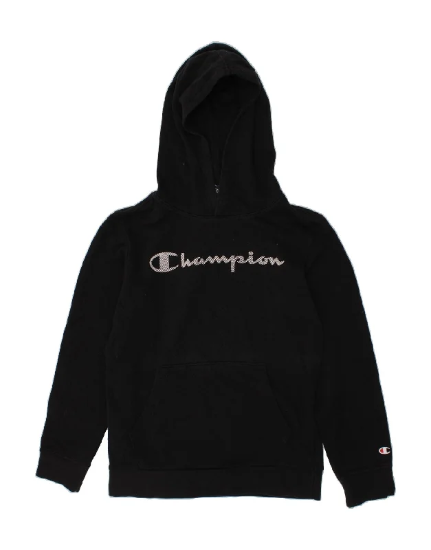 CHAMPION Boys Graphic Hoodie Jumper 11-12 Years Large Black Cotton Hoodie with Monochrome Minimalist Simple CHAMPION Boys Graphic Hoodie Jumper 11-12 Years Large Black Cotton Hoodie with Monochrome Minimalist Simple