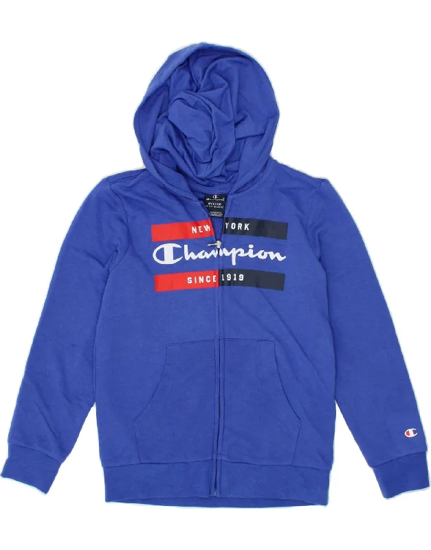 CHAMPION Boys Graphic Zip Hoodie Sweater 9-10 Years Medium Blue Cotton Hoodie with Monochrome Minimalist Simple