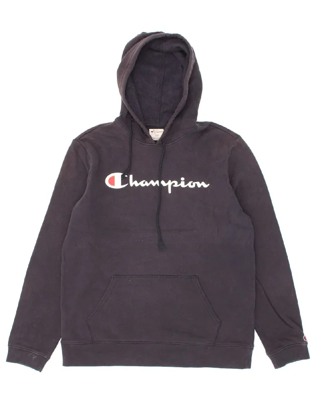 CHAMPION Mens Graphic Hoodie Jumper Medium Navy Blue Cotton Hoodie with Monochrome Minimalist Simple