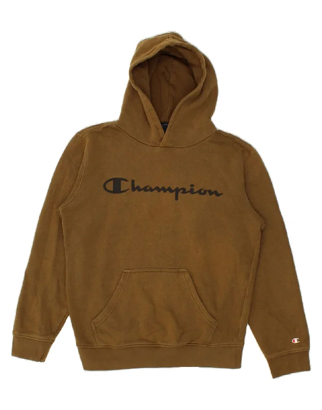 CHAMPION Mens Graphic Hoodie Jumper Small Brown Cotton Hoodie with Hem Lace Feminine Delicate