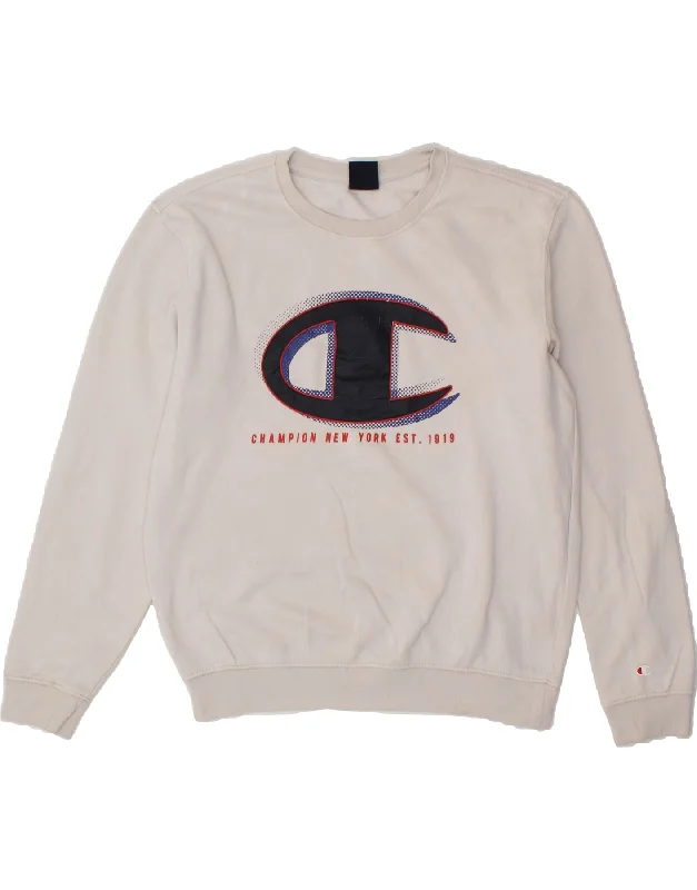 CHAMPION Mens Graphic Sweatshirt Jumper Medium White Cotton Cotton Hoodie Fleece Lining Warmth