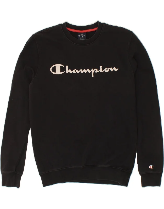 CHAMPION Mens Graphic Sweatshirt Jumper Small Black Cotton Hoodie with Thumb Holes Functional Cozy CHAMPION Mens Graphic Sweatshirt Jumper Small Black Cotton Hoodie with Thumb Holes Functional Cozy
