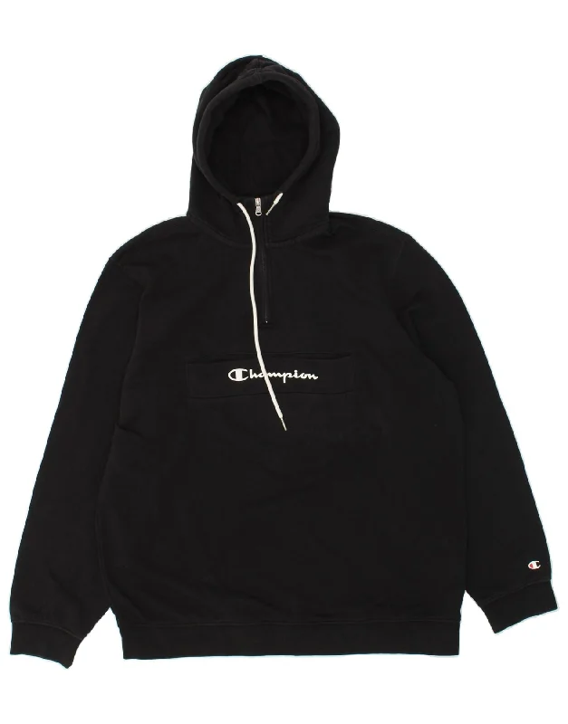 CHAMPION Mens Zip Neck Hoodie Jumper 2XL Black Cotton Hoodie with Relaxed Fit Easy Casual