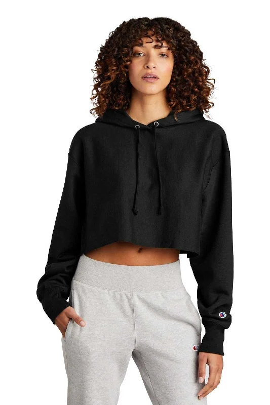 Champion RW01W Women's Reverse Weave Cropped Cut-Off Hooded Sweatshirt - Black Hoodie with Hem Applique Textured Unique Champion RW01W Women's Reverse Weave Cropped Cut-Off Hooded Sweatshirt - Black Hoodie with Hem Applique Textured Unique