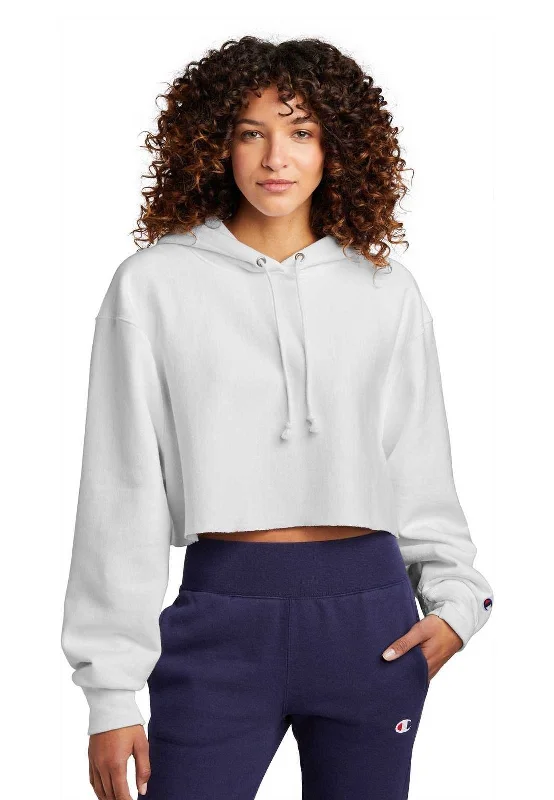 Champion RW01W Women's Reverse Weave Cropped Cut-Off Hooded Sweatshirt - White Hoodie with Pocket Utility Practical Champion RW01W Women's Reverse Weave Cropped Cut-Off Hooded Sweatshirt - White Hoodie with Pocket Utility Practical