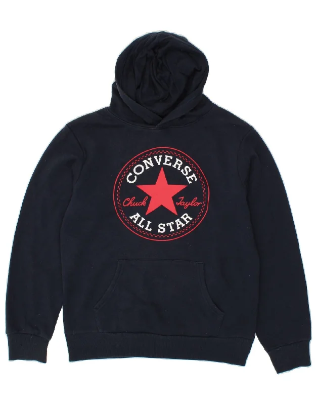 CONVERSE Boys Graphic Hoodie Jumper 12-13 Years Large Navy Blue Cotton Hoodie with Raglan Sleeves Sporty Comfortable