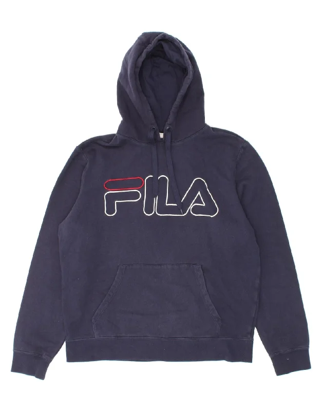 FILA Mens Graphic Hoodie Jumper Medium Navy Blue Cotton Hoodie with Cropped Fit Short Trendy