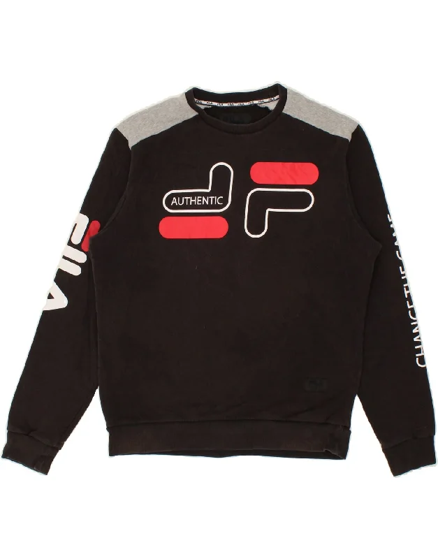 FILA Mens Graphic Sweatshirt Jumper Medium Black Colourblock Cotton Hoodie with Hem Detail Decorative Unique