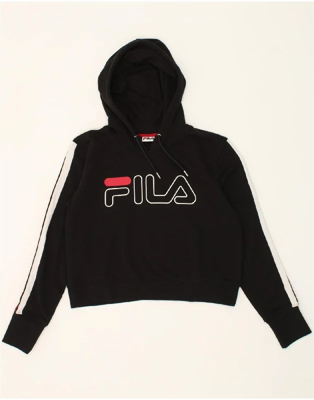 FILA Womens Graphic Hoodie Jumper UK 16 Large Black Cotton Hoodie with Cropped Fit Short Trendy