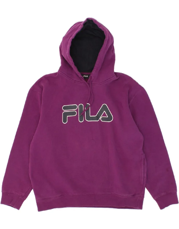 FILA Womens Graphic Hoodie Jumper UK 16 Large Purple Cotton Hoodie with Raglan Sleeves Sporty Comfortable