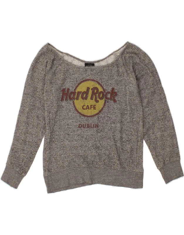 HARD ROCK CAFE Womens Dublin Graphic Sweatshirt Jumper UK 12 Medium Grey Hoodie with Front Slit Layering Stylish