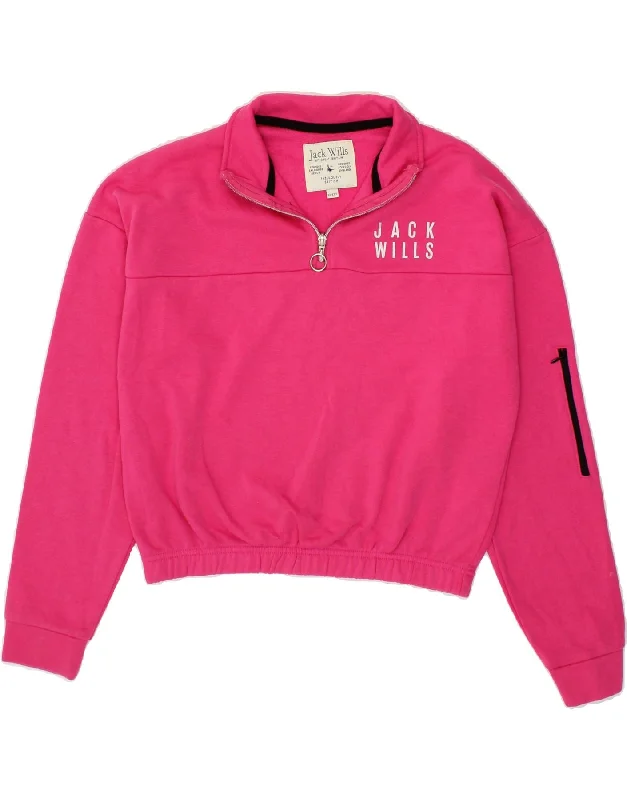 JACK WILLS Girls Zip Neck Graphic Sweatshirt Jumper 12-13 Years Pink Hoodie with Bell Sleeves Flared Feminine