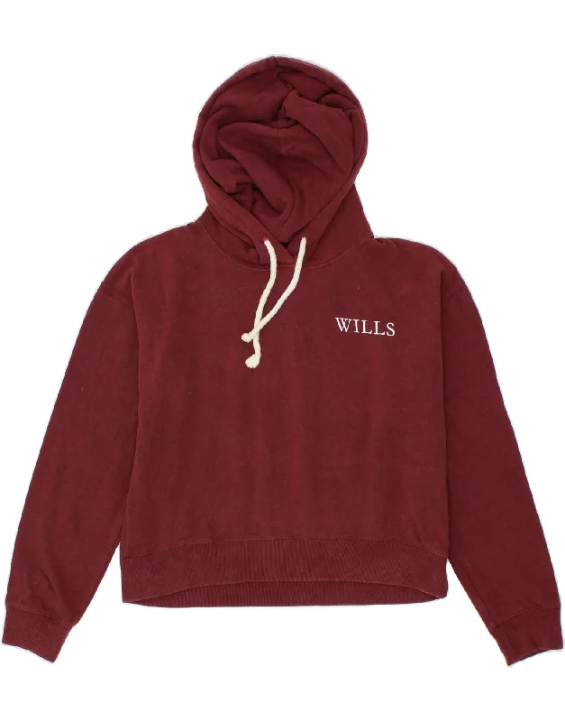 JACK WILLS Womens Crop Hoodie Jumper UK 8 Small Maroon Cotton Hoodie with Crew Neck Simple Timeless