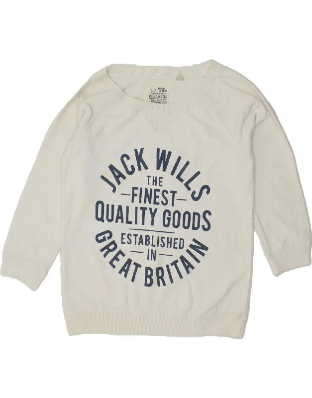 JACK WILLS Womens Graphic 3/4 Sleeve Sweatshirt Jumper UK 12 Medium  White Hoodie with Mesh Breathable Sporty