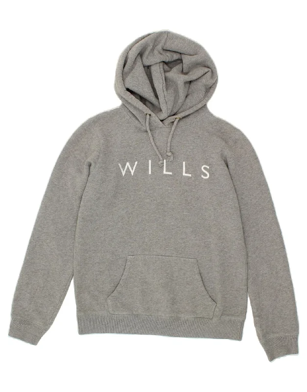 JACK WILLS Womens Graphic Hoodie Jumper UK 12 Medium Grey Cotton Hoodie with Mock Neck Collared Structured